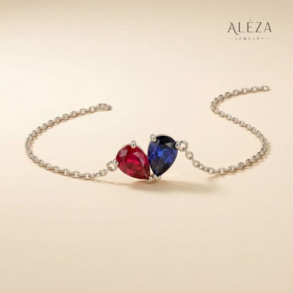 Dual Heart Gemstone Bracelet Silver