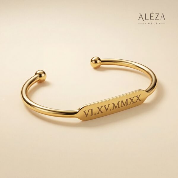 Engraved Roman Numeral Cuff Bracelet Gold