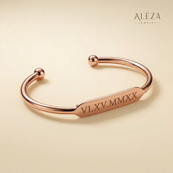 Engraved Roman Numeral Cuff Bracelet Rose Gold