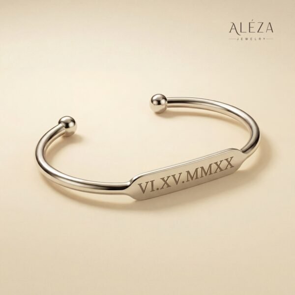 Engraved Roman Numeral Cuff Bracelet Silver