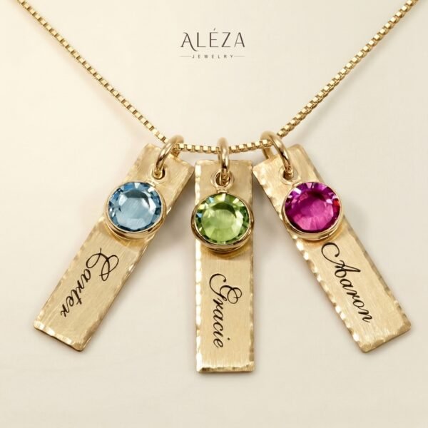 Personalized 3 Name Birthstone Necklace Gold