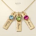 Personalized 3 Name Birthstone Necklace Gold