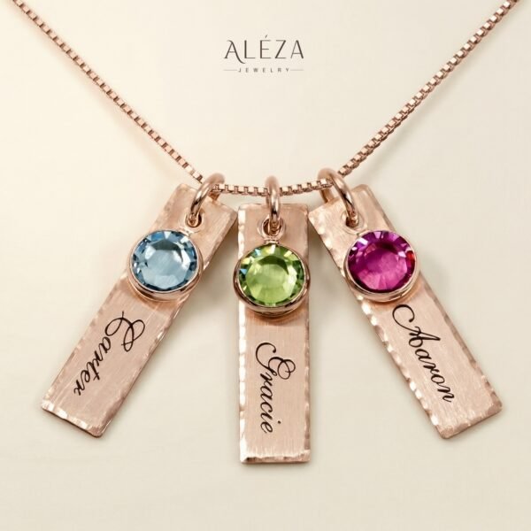 Personalized 3 Name Birthstone Necklace Rose Gold