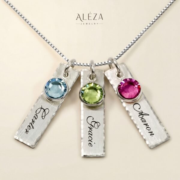 Personalized 3 Name Birthstone Necklace Silver