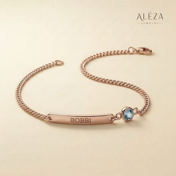Personalized Name Bar Bracelet with Birthstone Rose Gold
