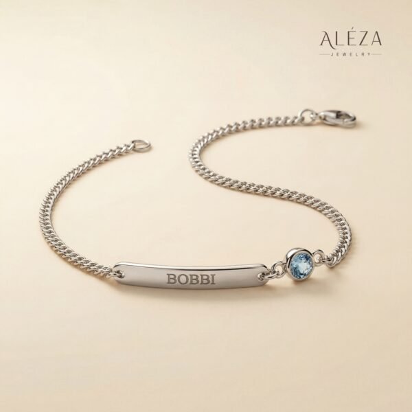 Personalized Name Bar Bracelet with Birthstone Silver