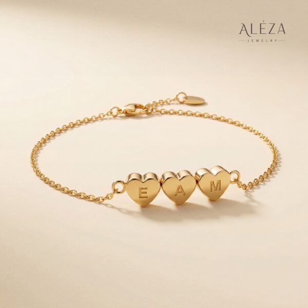 Personalized Triple Heart Initial Bracelet Gold