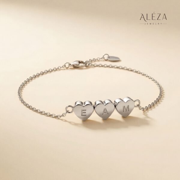 Personalized Triple Heart Initial Bracelet Silver