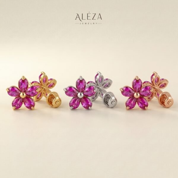 Pink Flower Gem Stud Earrings