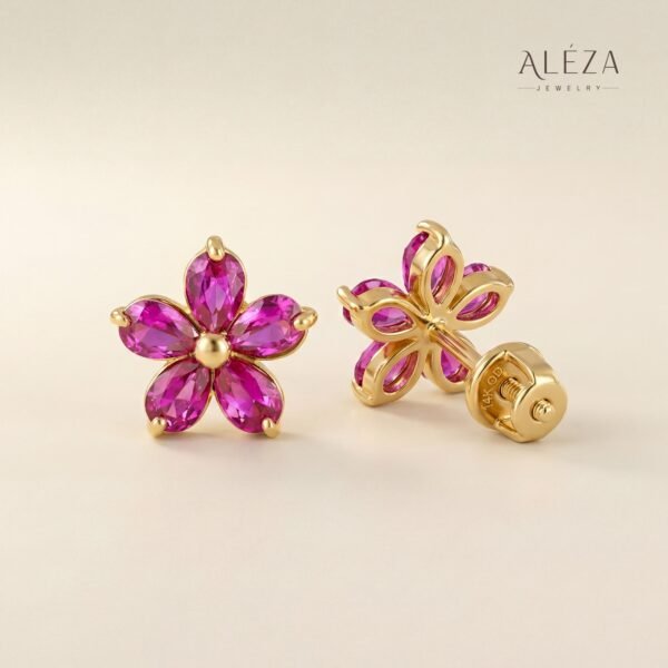 Pink Flower Gem Stud Earrings Gold