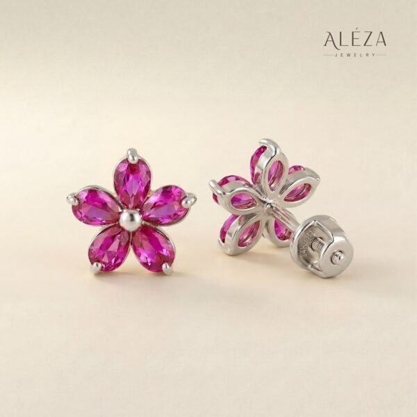 Pink Flower Gem Stud Earrings Silver