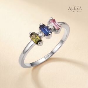 Triple Baguette Birthstone Ring Silver