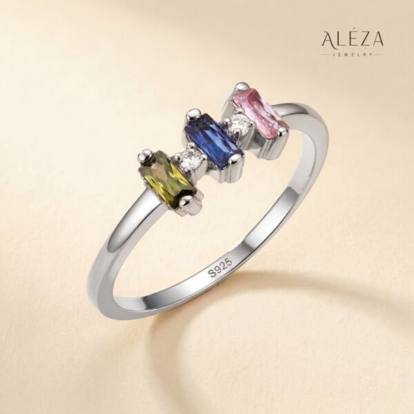 Triple Baguette Birthstone Ring Silver